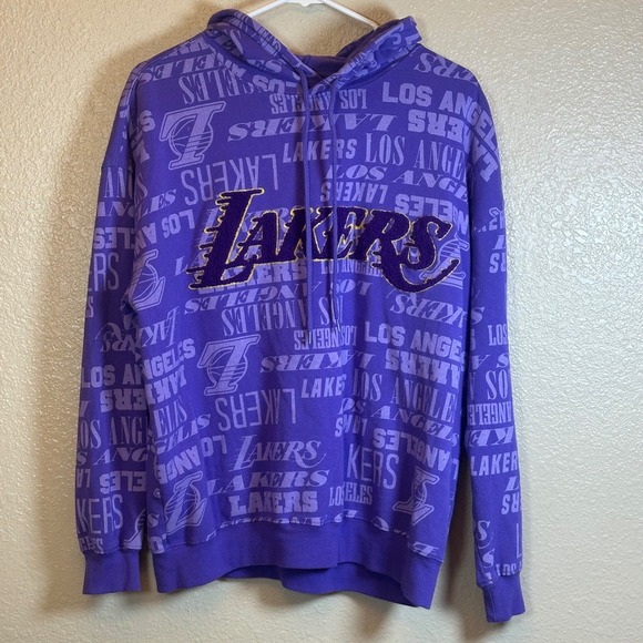 NBA Tops - Los Angeles Lakers Purple All Over‎ Logo Pullover Hoodie Sweatshirt Size L EUC
